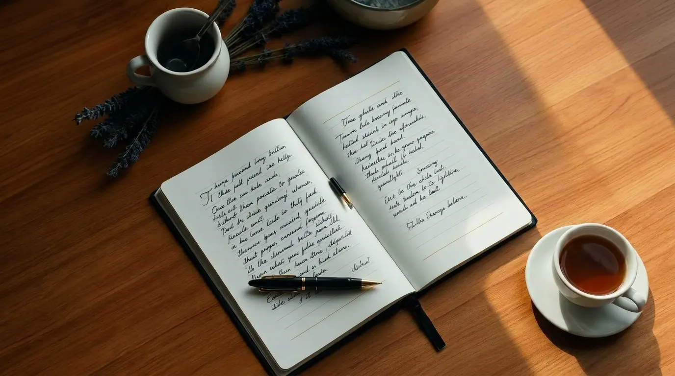 Open notebook and pen on a wooden desk in soft natural light