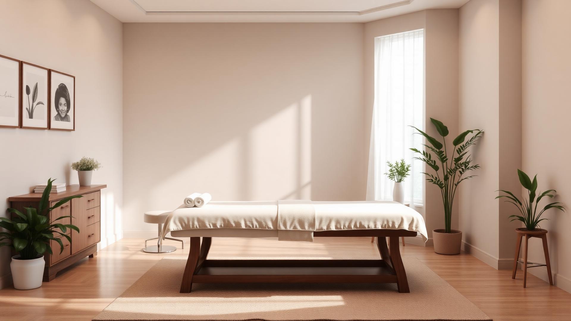 Calm professional massage therapy studio interior with treatment table and natural light