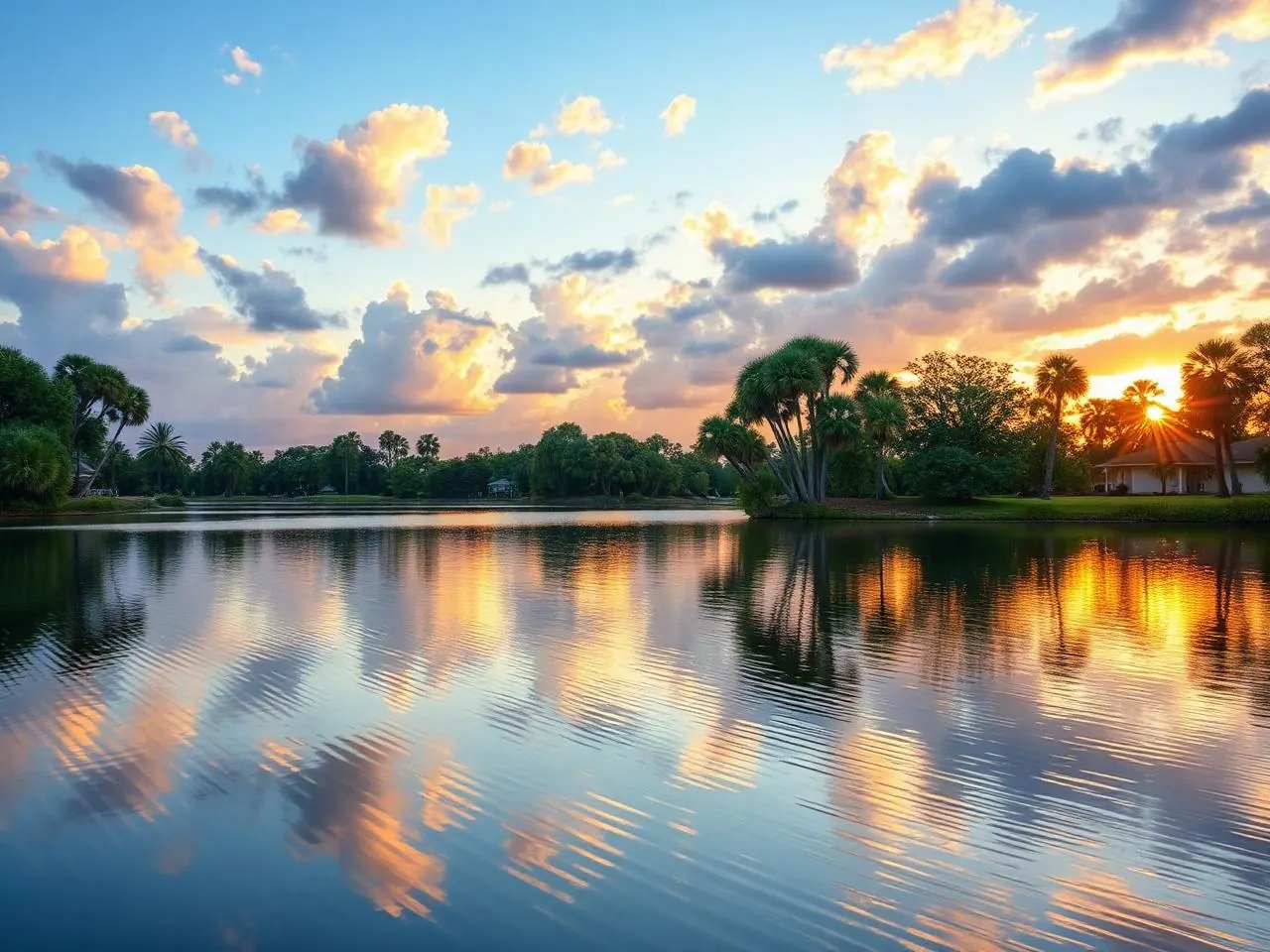 Tranquil Lake County, Florida lake at sunset with palm trees