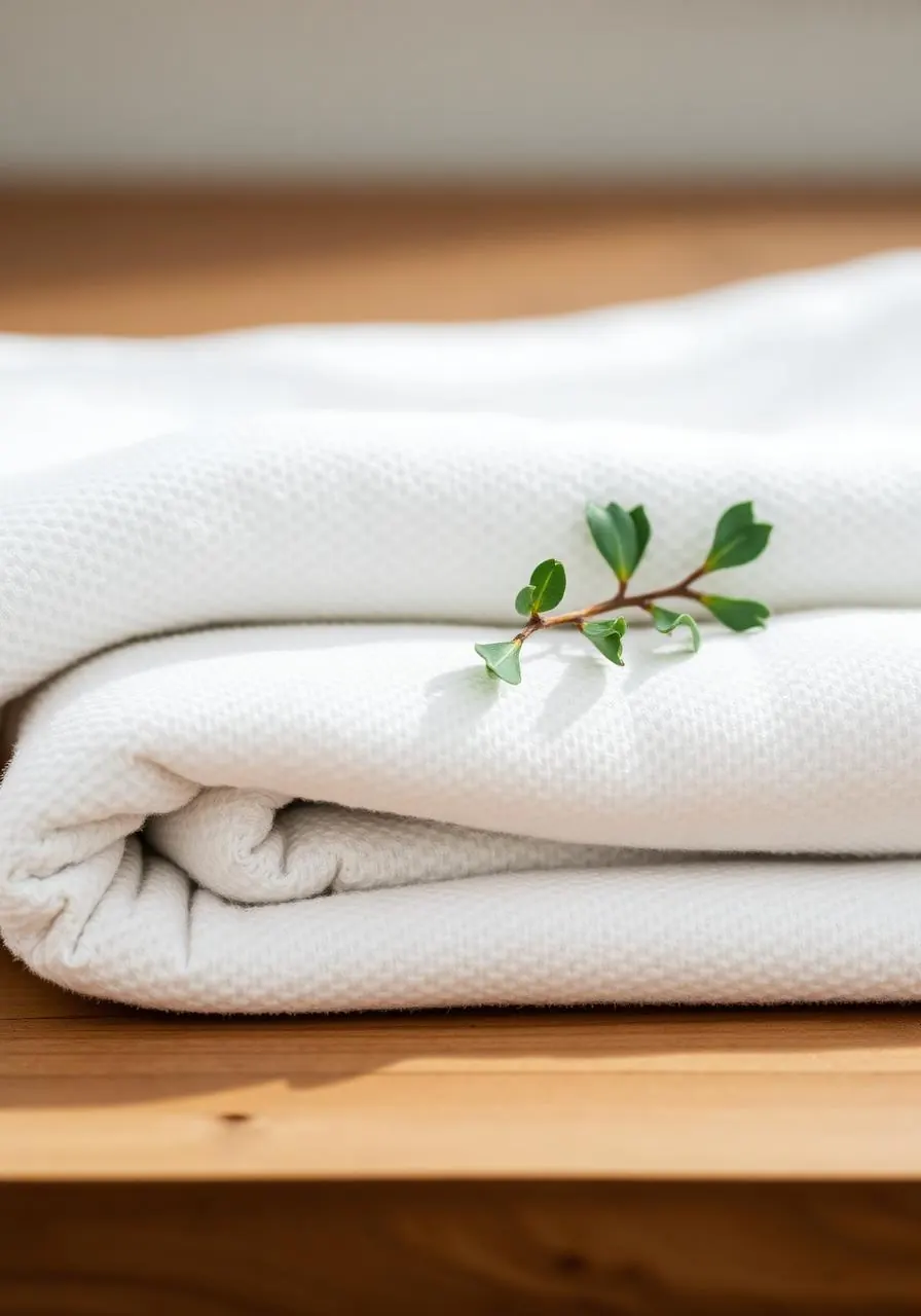 Soft white spa towels with a sprig of eucalyptus, a calm treatment setting