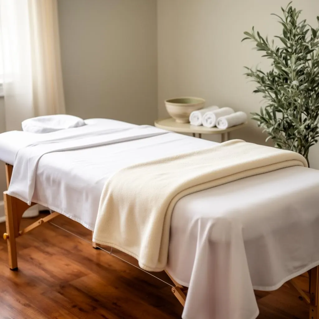 Calm private treatment room prepared for a manual lymph drainage session