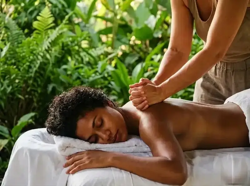 Therapist applying medical massage to a client's shoulder and upper back