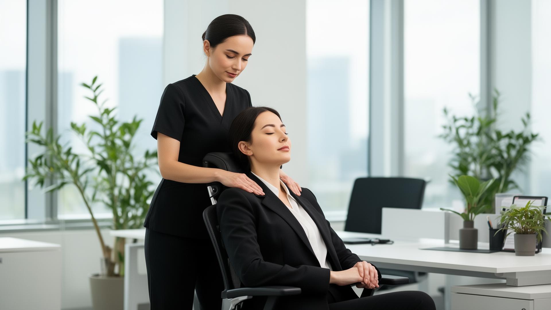 Licensed therapist providing on-site corporate chair massage to a professional