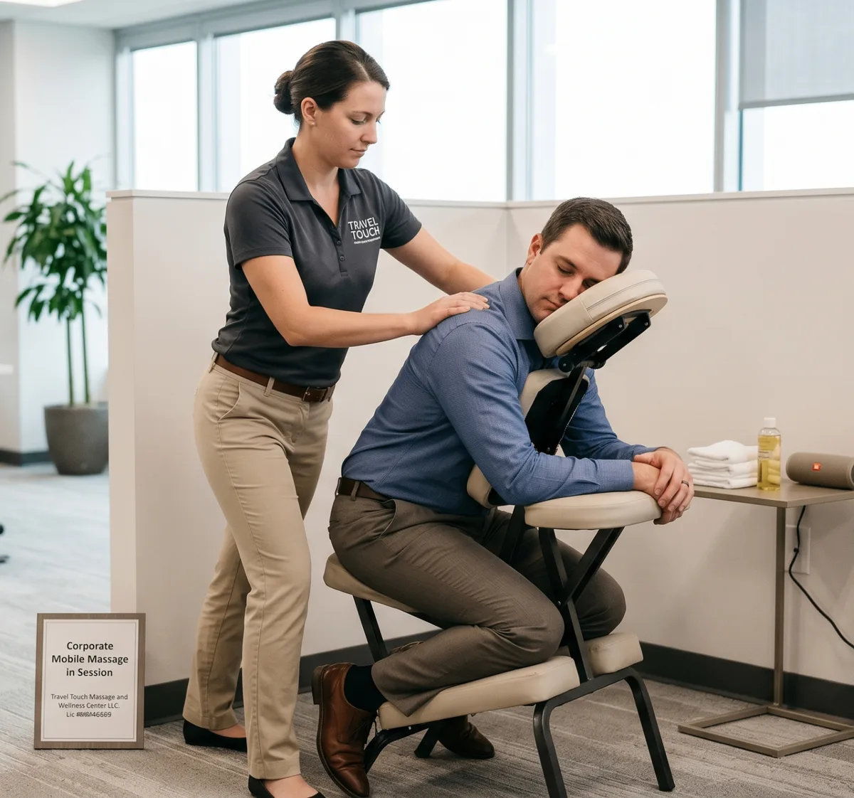 Therapist providing on-site corporate chair massage in a modern office