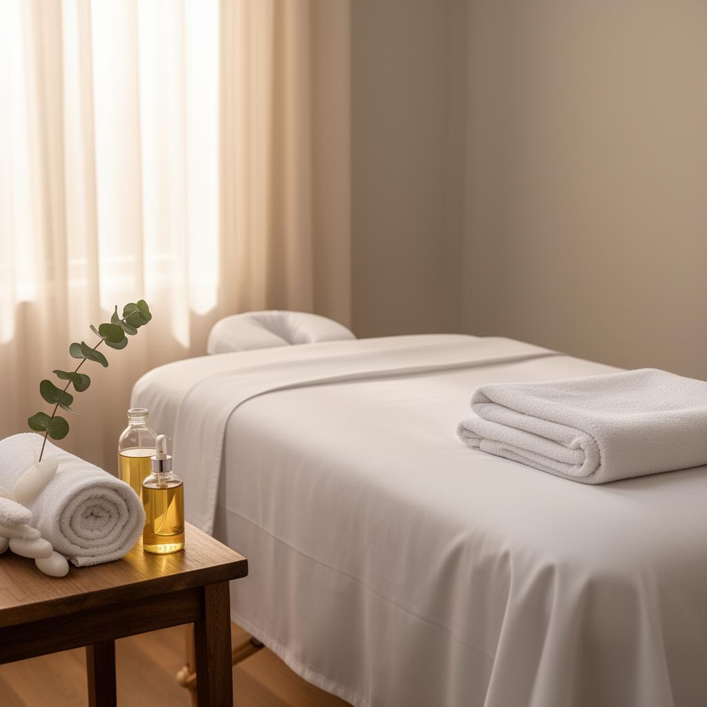 Massage oil being poured onto a soft white towel